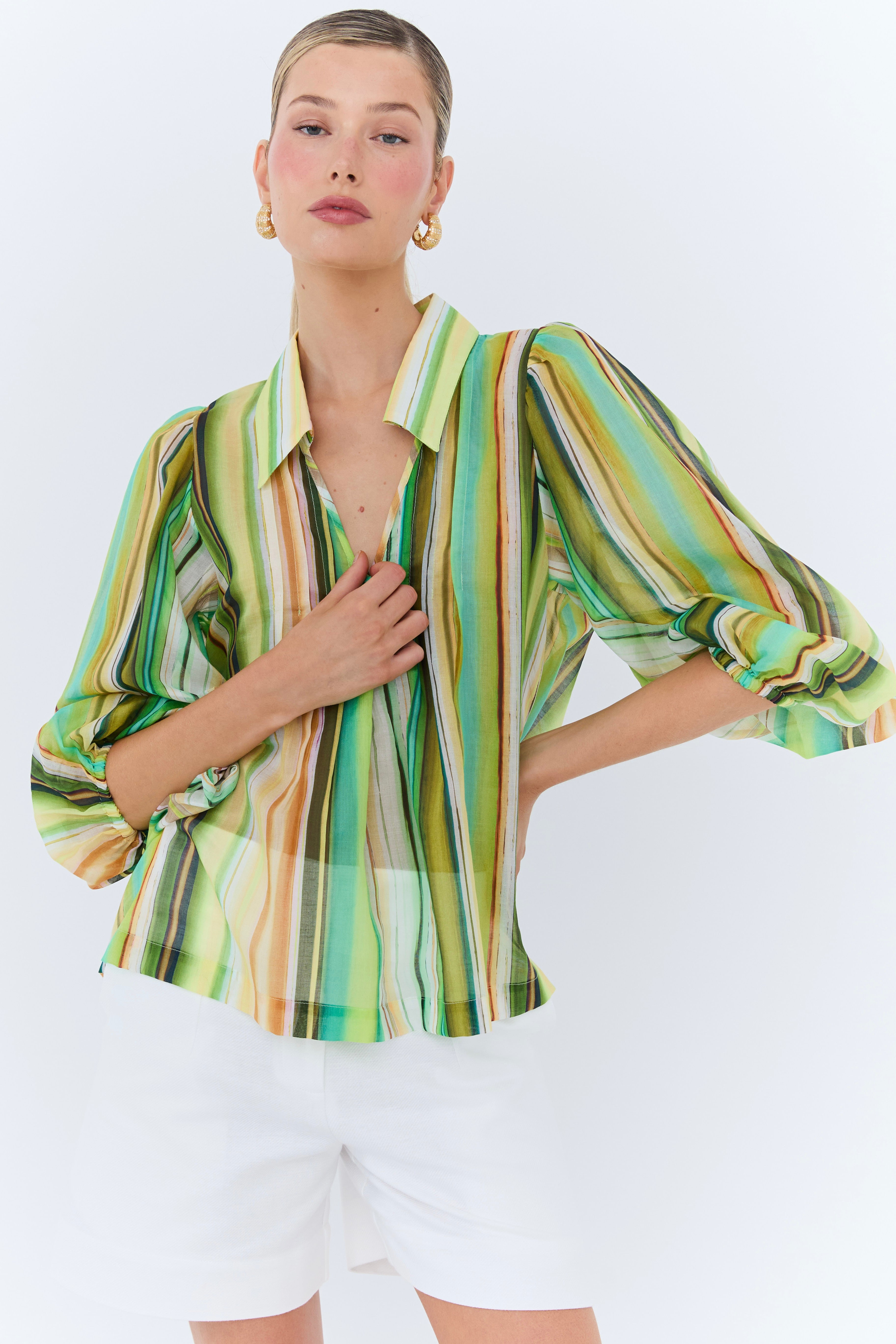 Jolie Blouse - Green Resort Stripe