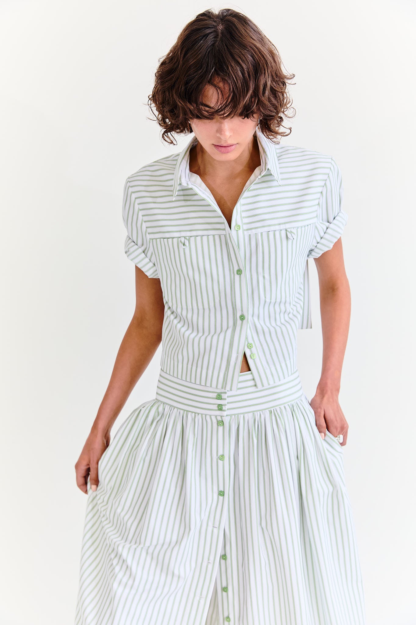 Lola Crop Shirt - Pistachio Stripe